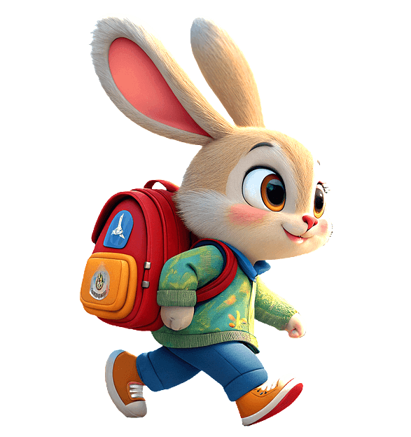 연갈색 털을 가진 토끼가 빨간 책가방을 매고 걸어간다.