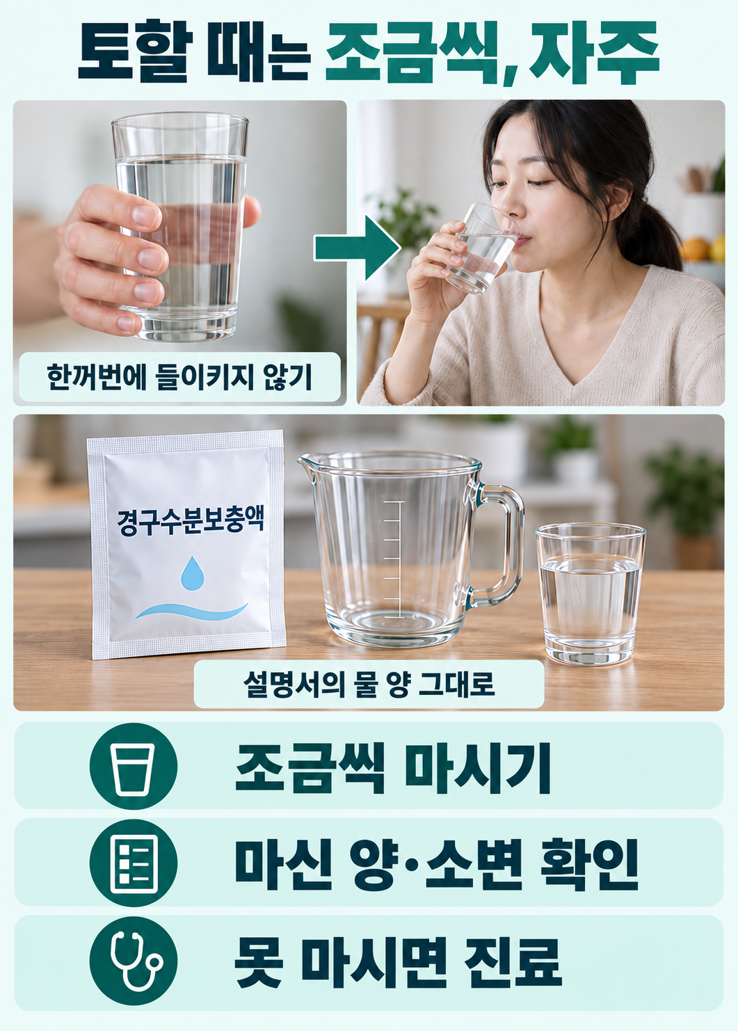 큰 컵을 한 번에 들이키는 방식보다 작은 모금으로 나누어 마시는 실사 비교. 경구수분보충액 분말과 계량 용기를 보여주고 설명서의 물 양을 확인. 고정 섭취량이나 임의 영아 용량을 만들지 않음.