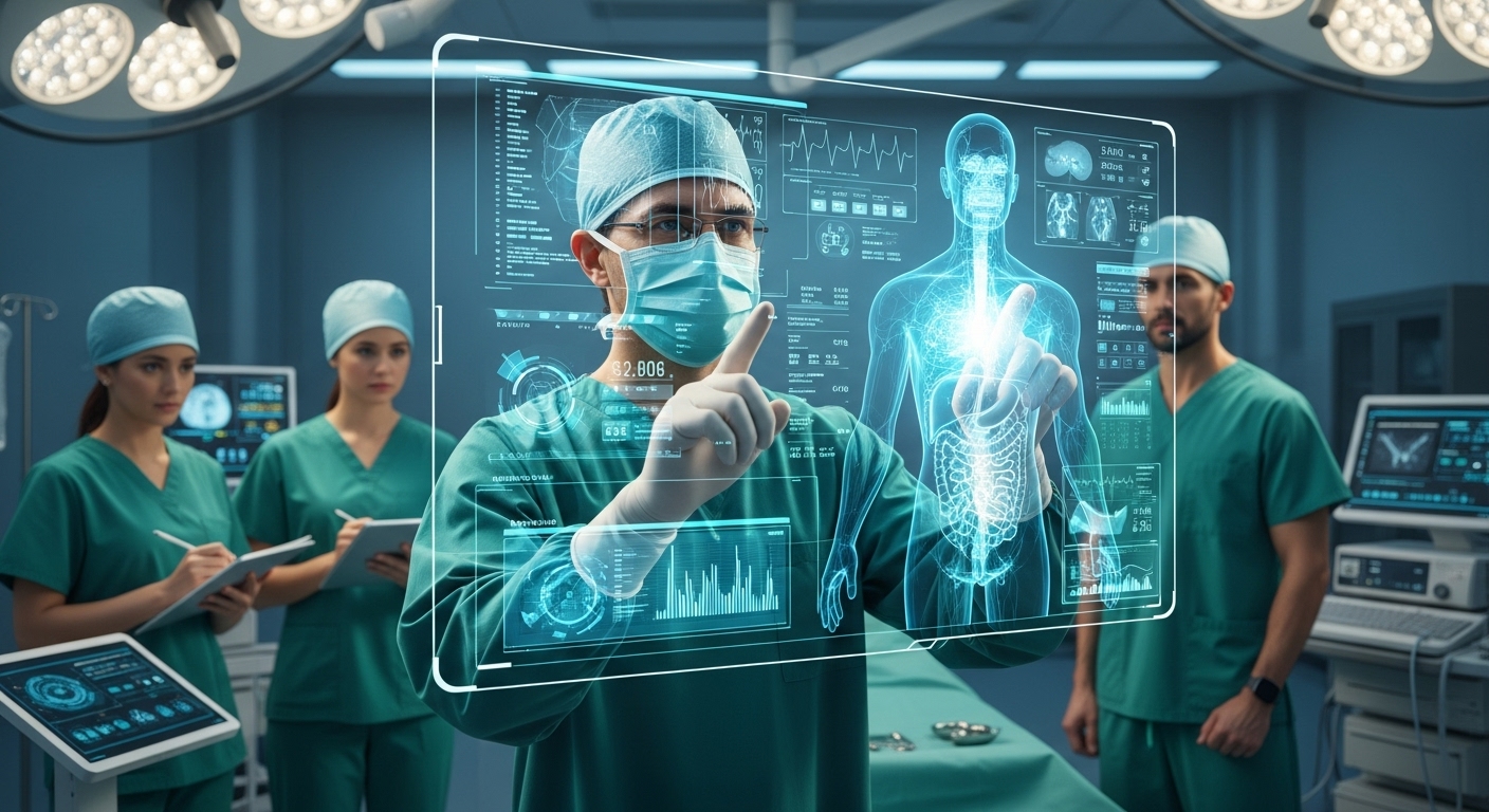 의료진이 AI 시스템과 협력하여 환자 데이터를 분석하며 의사결정을 하는 모습.