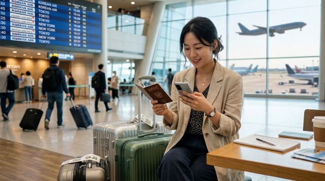 공항 출국장에서 여권과 여행가방을 준비하며 여행자보험 보장내용을 비교하는 여행객
