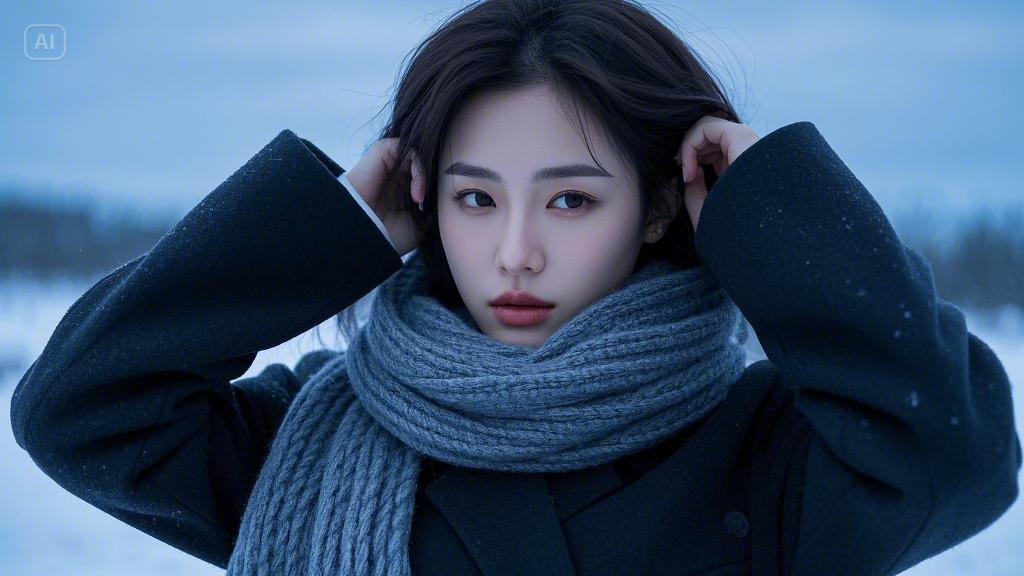 A woman who is wearing thick clothes to protect herself from coldness.