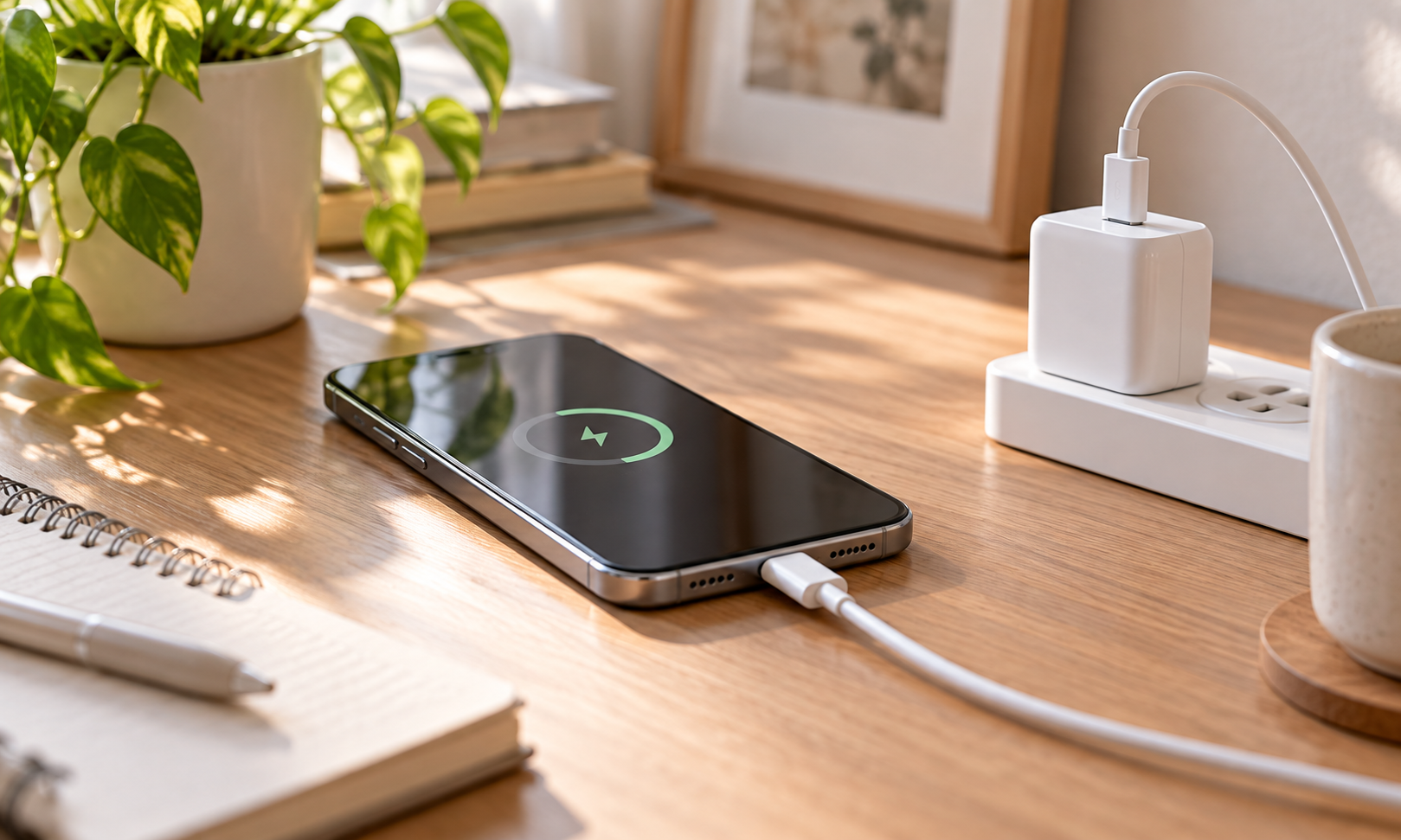 USB-C 충전기로 노트북과 스마트폰을 함께 충전하는 작업 공간