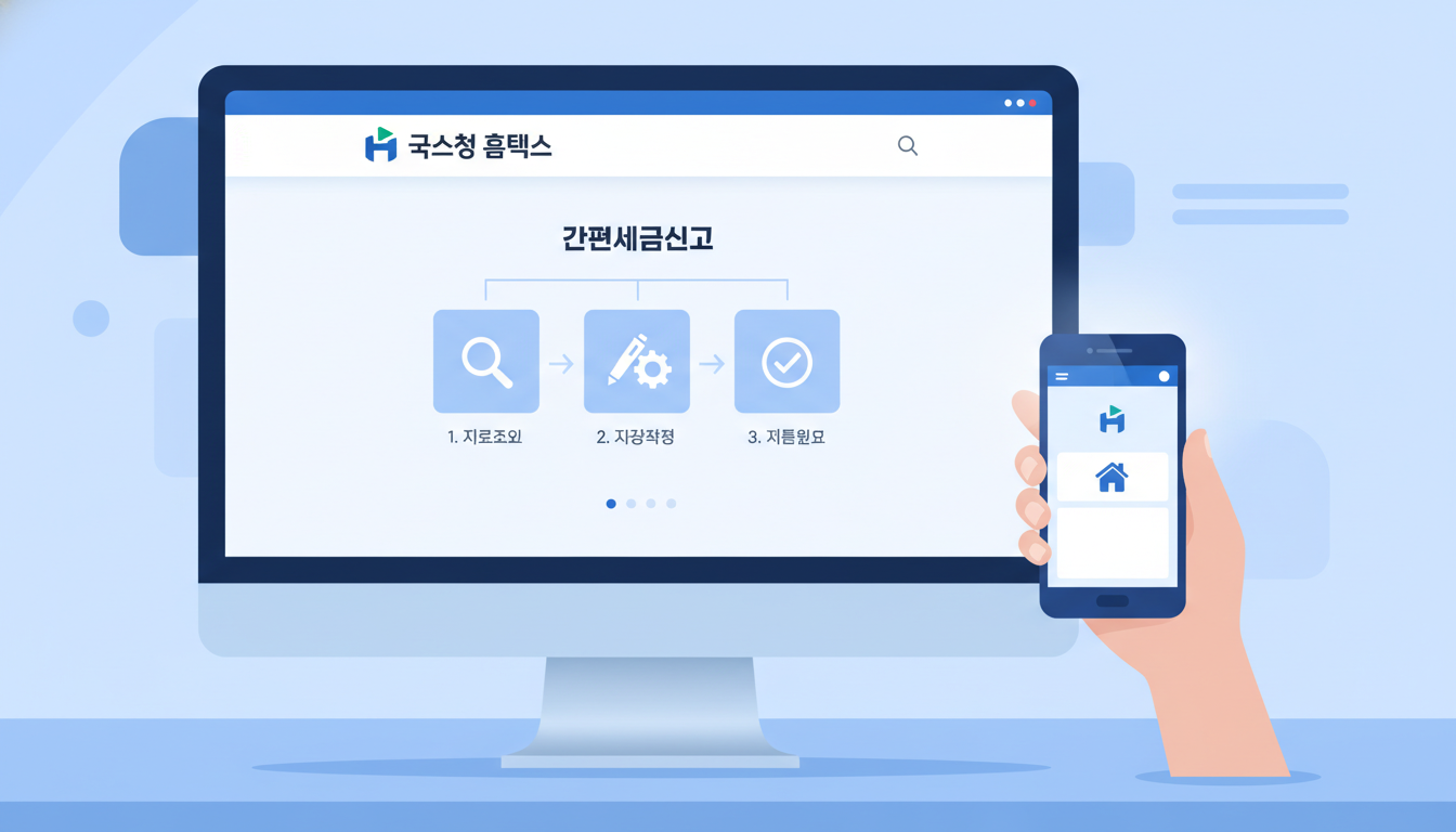 국세청 홈택스 웹사이트 화면과 스마트폰으로 세금 신고를 하는 모습. 쉽고 편리한 온라인 종합소득세 신고 과정을 강조합니다.