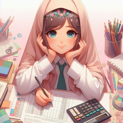 머리에 두건을 쓴 소녀가 집중해서 작업하는 모습입니다.