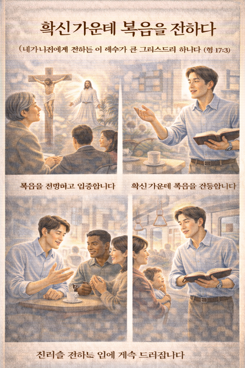 행17:3 말씀을 보며&amp;#44; 바울이 그리스도의 죽으심과 부활하심을 설명했을 뿐 아니라 입증한 것을 보며&amp;#44; 저도 복음을 알고 있는 자로서 그 복음을 전하고 간증을 통해 입증하며 진리를 전하는 일에 계속 드려지는 것이 필요하며&amp;#44; 확신 가운데 복음을 3회 이상 전하는 시도를 하는 모습입니다.