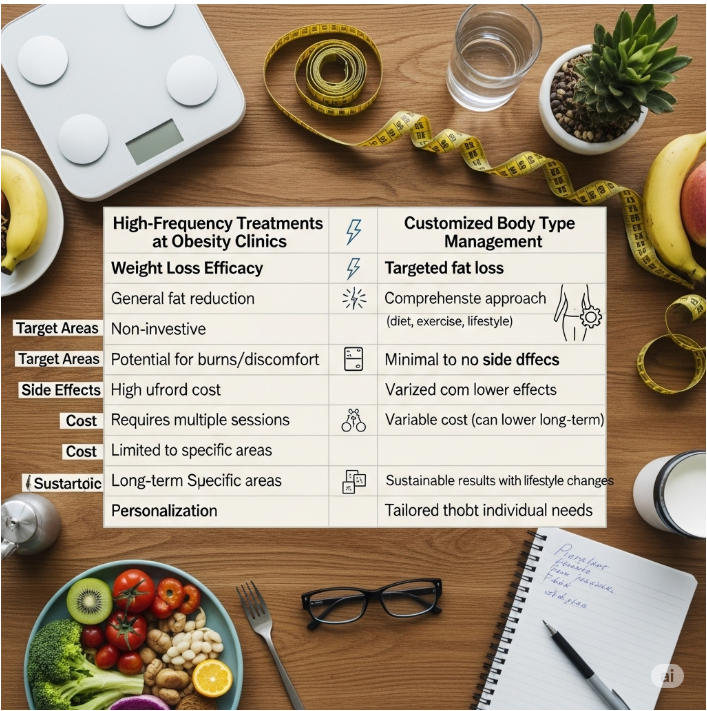 비만클리닉 고주파 시술 효과와 체형별 맞춤 관리 표 요약 이미지입니다.
