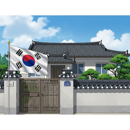 단독 주택 대문 왼쪽에 태극기를 게양한 모습
