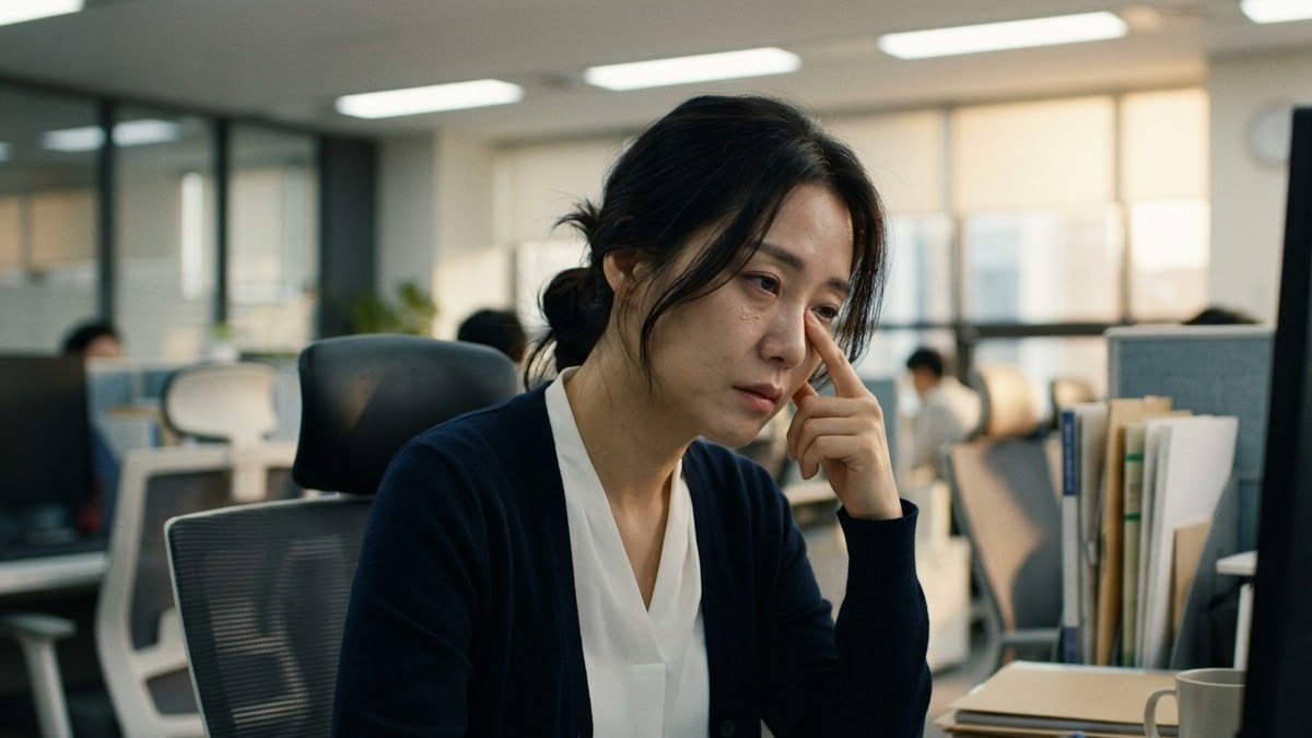 사무실 모니터 앞에서 눈 아래를 누르며 피곤해하는 직장인