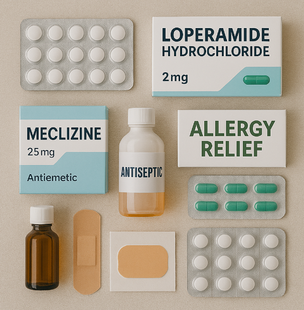 진통제, 지사제, 멀미약, 소화제, 알레르기약, 소독약, 밴드 등 기본 구급약 사진