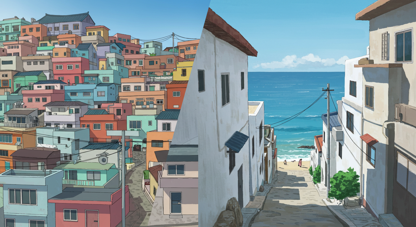 감천문화마을과 흰여울문화마을을 함께 표현한 분할 일러스트