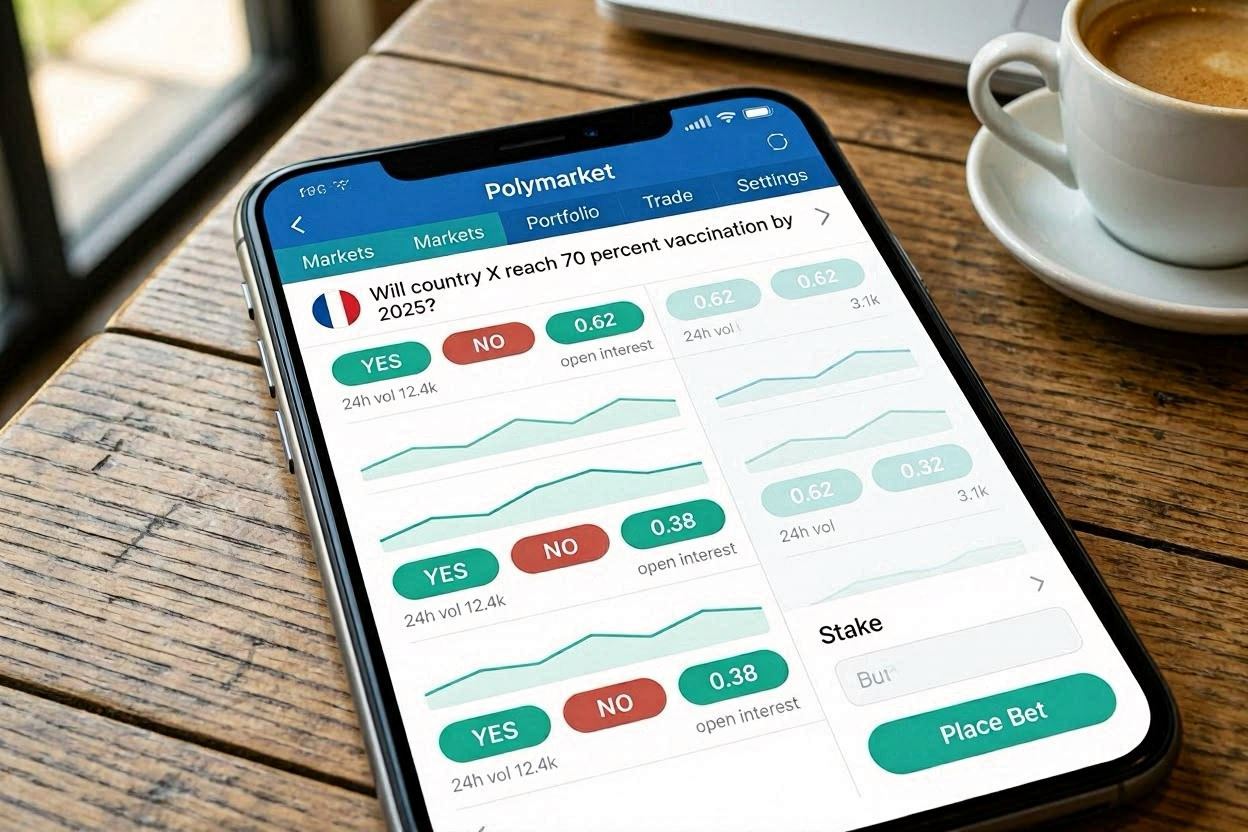 The user interface of Polymarket running on a mobile web browser.