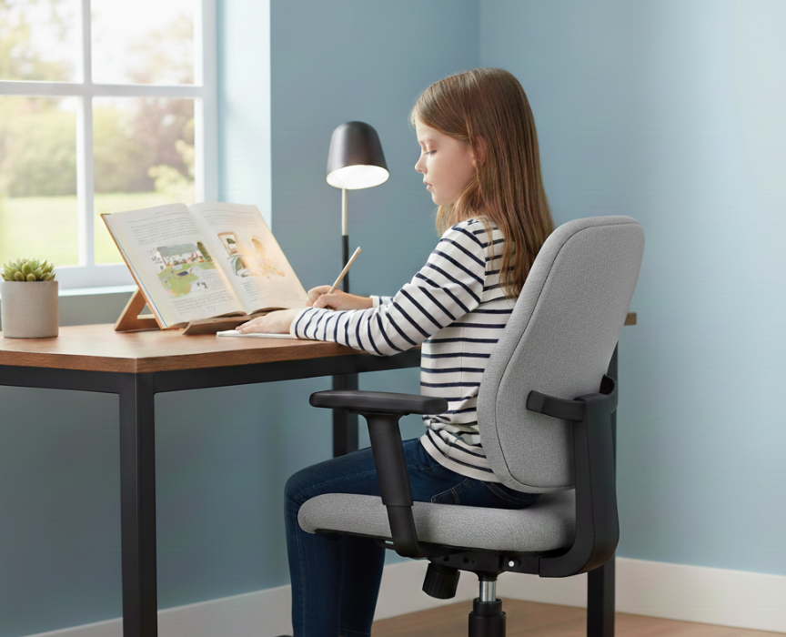 아이가 책상 의자에 바른 자세로 앉는 모습