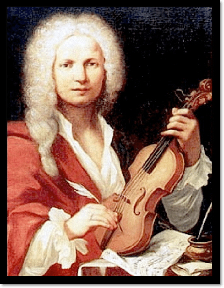 흰색 가발을 쓴 바로크 시대의 남성이 바이올린을 들고 있는 초상화. 그는 붉은 외투와 흰 셔츠를 입고 있으며, 왼손으로 활을 쥔 채 악보 앞에 앉아 있다. 안토니오 비발디로 널리 알려진 그림이다.