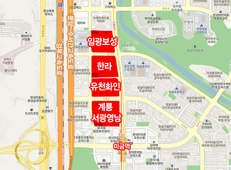 분당 정자일로 임광보성, 한라, 우천화인, 계룡, 서광영남 아파트 위치