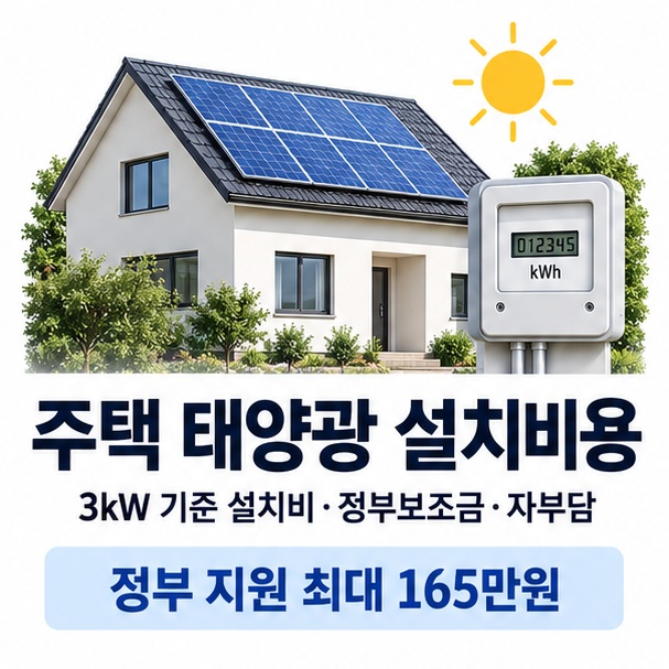 주택 태양광 설치비용과 3kW 태양광 패널 정부보조금 자부담을 보여주는 교육용 이미지