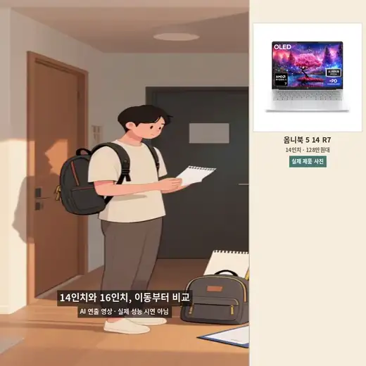 14인치와 16인치 노트북 휴대 조건을 보여주는 AI 연출 애니메이션