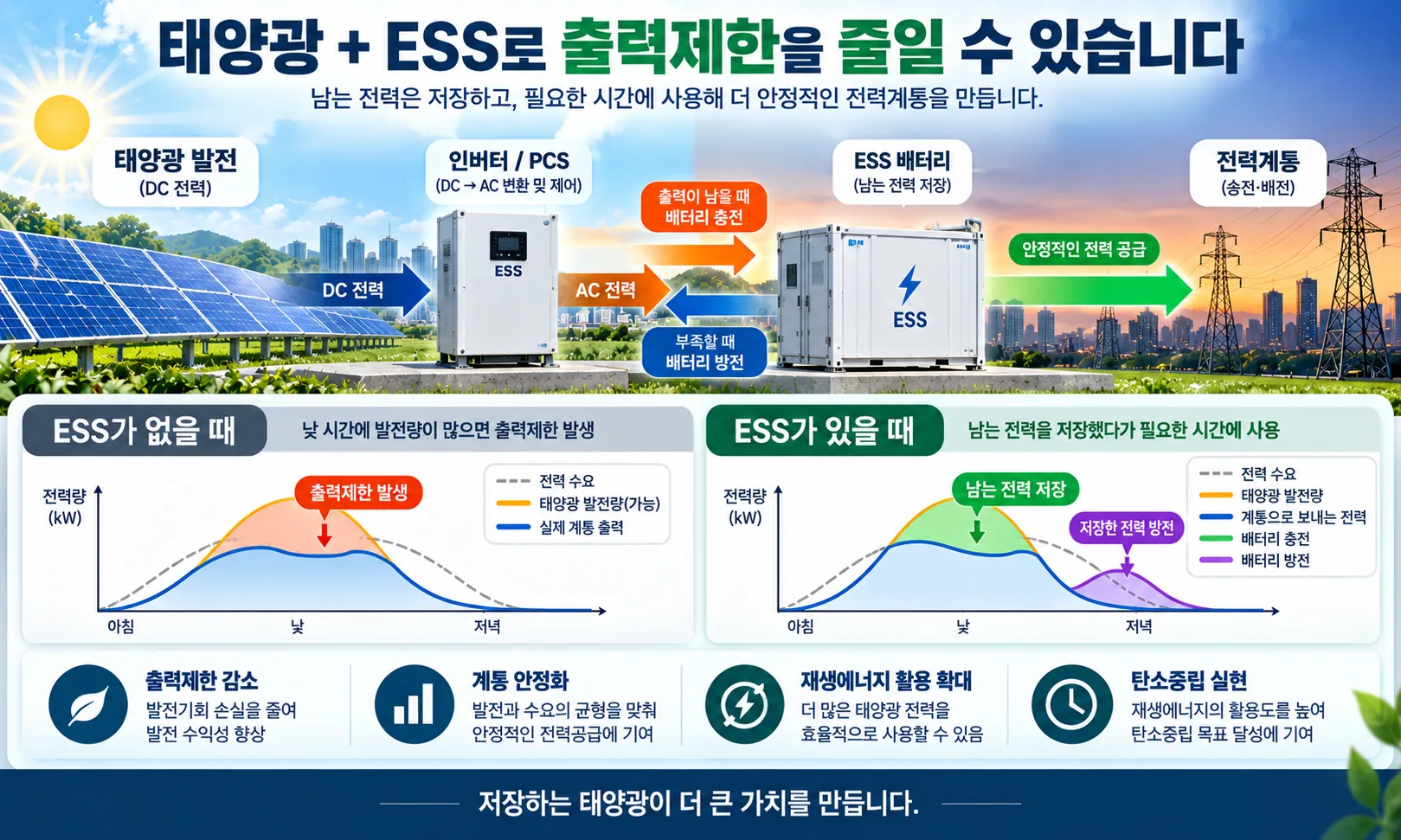 태양광과 ESS를 연계해 남는 전력을 저장하고 필요한 시간에 방전하여 출력제한을 완화하는 구조