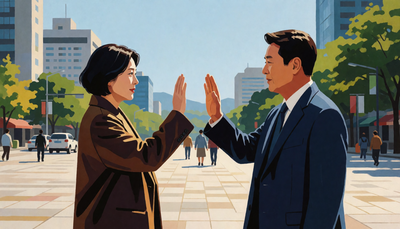 나무가 있는 보행로에서 마주 보며 손을 드는 성인 두 명과 멀리 보이는 보행자들