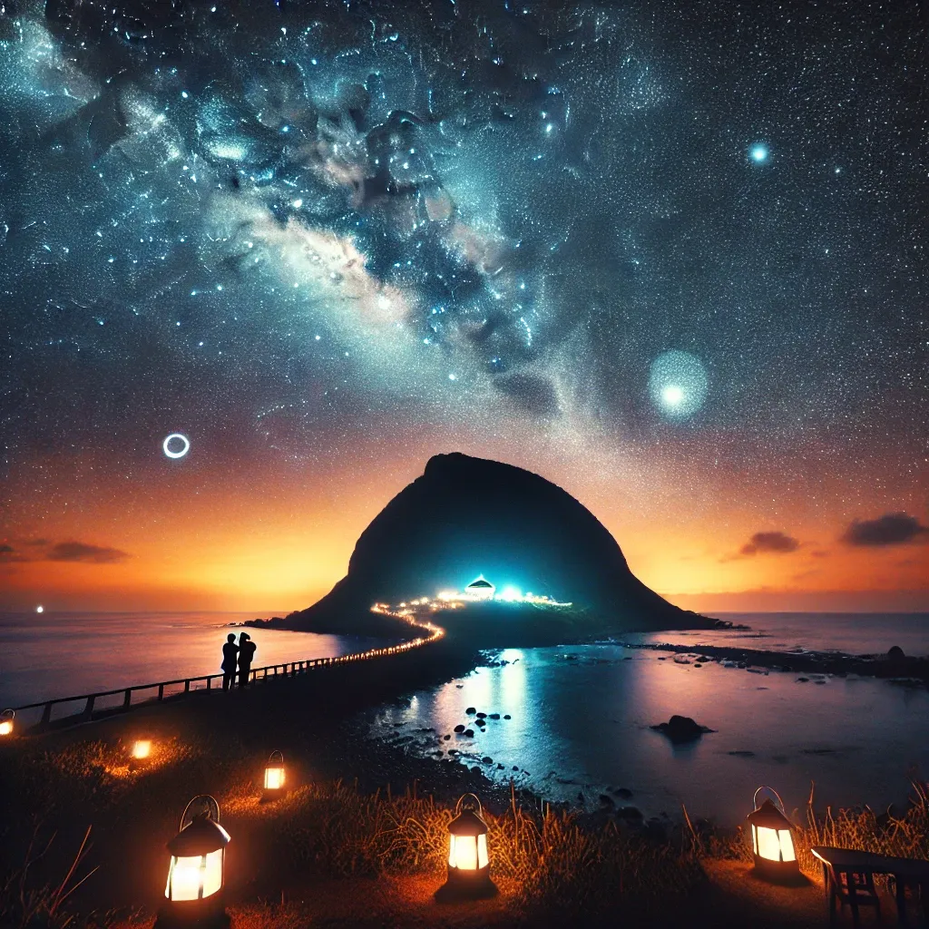 별빛 아래 제주도 성산일출봉과 낭만적인 풍경
