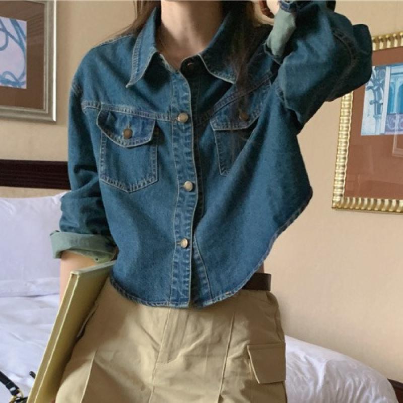 여성 진청 크롭 데님 셔츠 여자 포켓 숏 청남방 가을셔츠