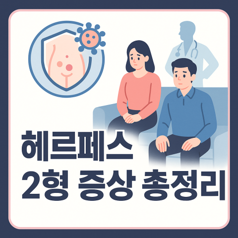 헤르페스 2형 증상 총정리 제목과 걱정되는 남녀·의사·바이러스 아이콘이 들어간 썸네일