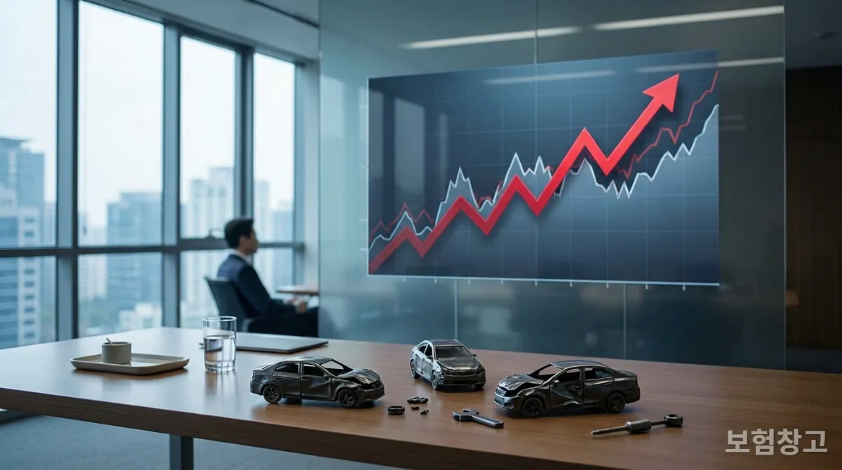 손해율 상승을 보여주는 복잡한 금융 그래프와 자동차 사고 관련 이미지