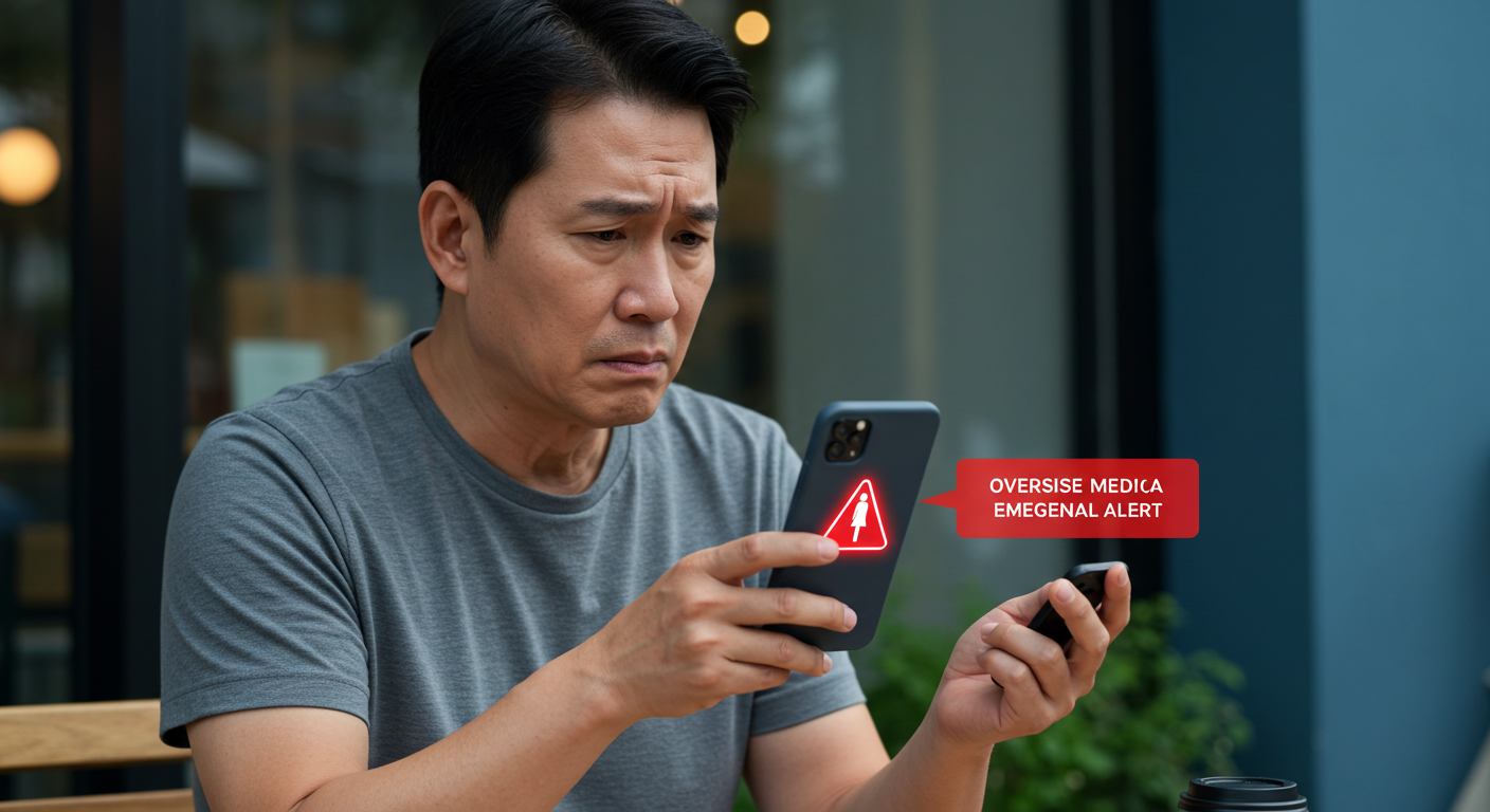 남성이 스마트폰의 긴급 의료 알림을 보고 걱정하는 모습, 해외 의료 응급상황의 심각성을 보여줌.