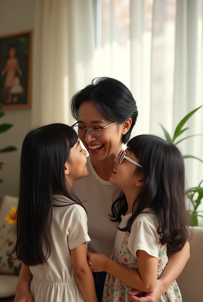 애기들과 웃고 있는 주부 이미지