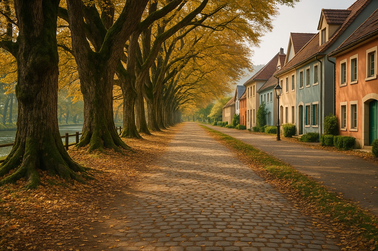담양 건물과 낙엽이 보이는 풍경 사진
