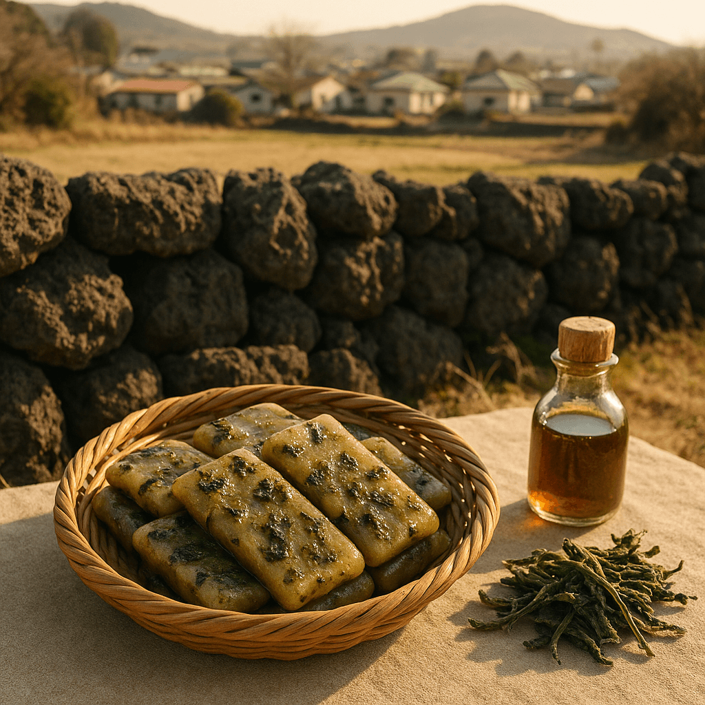 제주 밭담 옆에서 말린 무청으로 만든 무청 들기름 떡