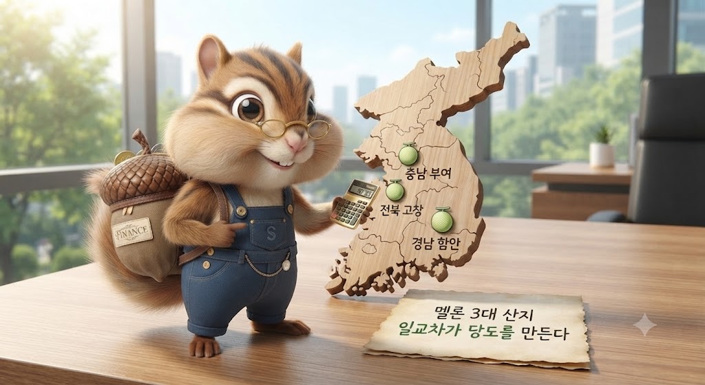 alt: 멜론 주요 산지 함안·부여·고창을 표시한 지도와 다람쥐 캐릭터