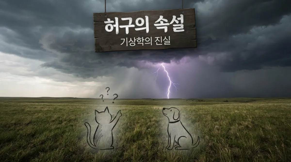 먹구름 낀 들판에 단 한 줄기로 강하게 내리치는 번개