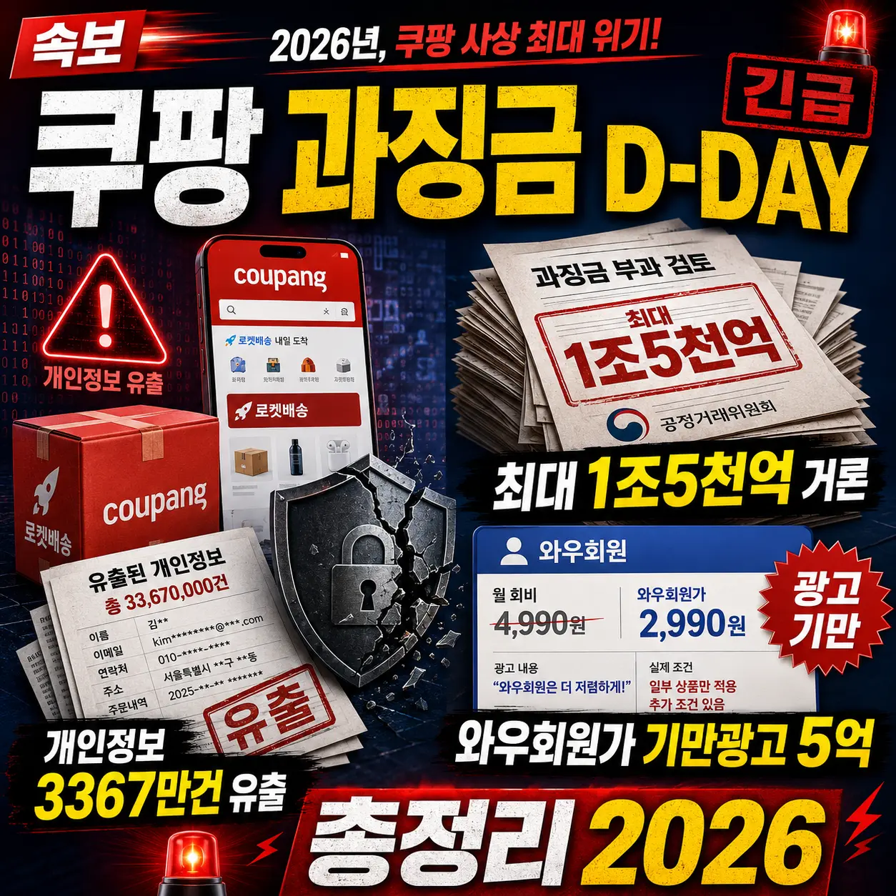 팡 역대급 과징금 D-DAY — 개인정보 3367만건 유출 최대 1조5천억·와우회원가 기만광고 5억 총정리 2026