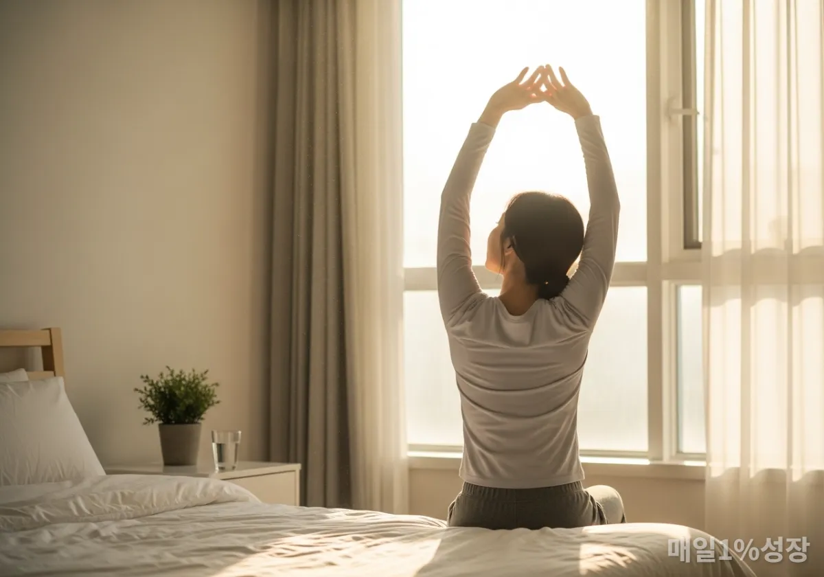 활기찬 하루를 시작하기 위해 아침 스트레칭을 하고 있는 한국인의 모습과 정돈된 침대