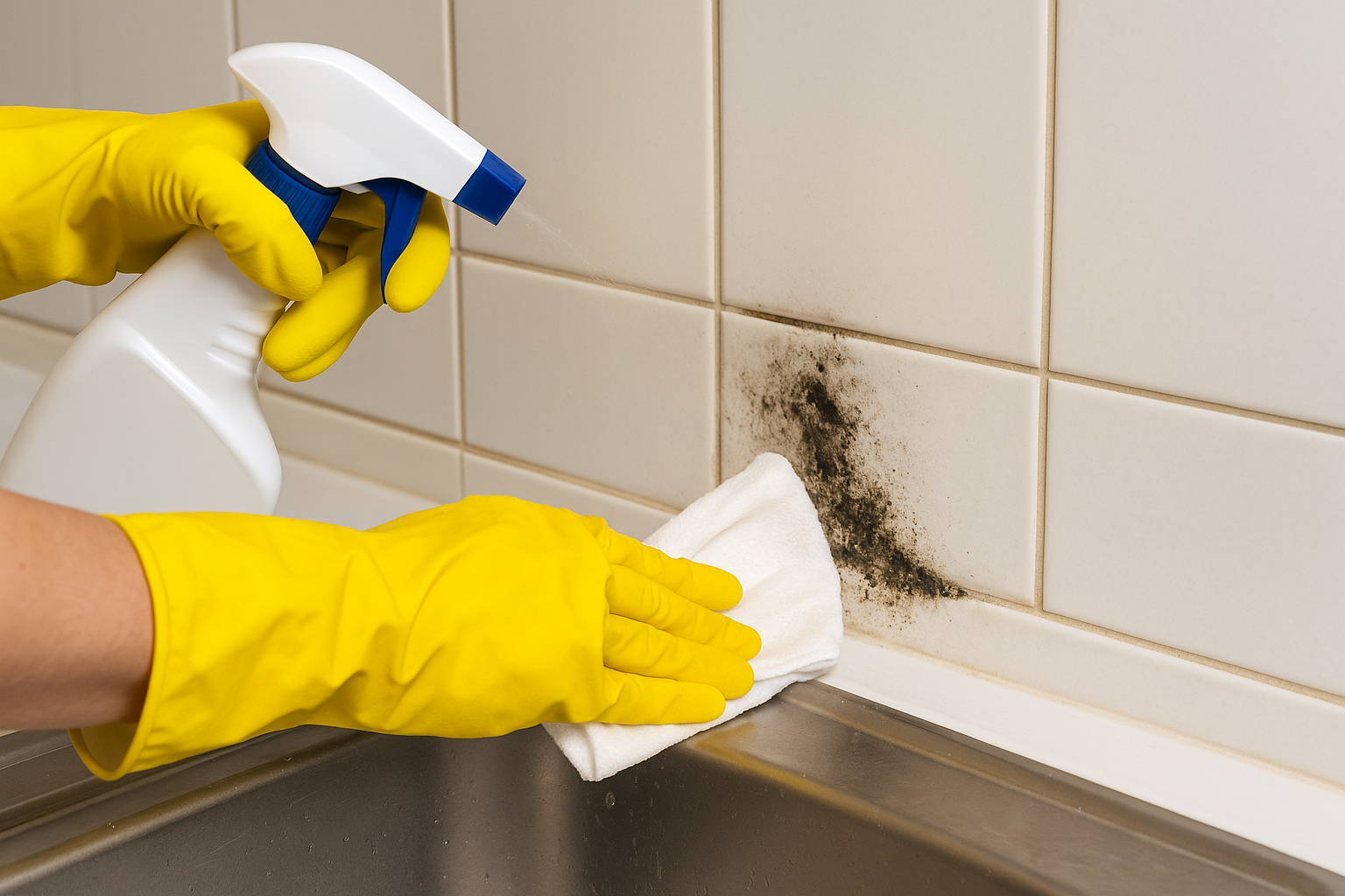 타일에 있는 곰팡이 제거하는 사진