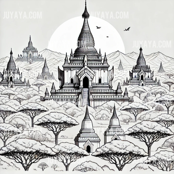 미얀마 바간의 고대 사원을 간결하고 정교한 선으로 표현한 라인아트 이미지.