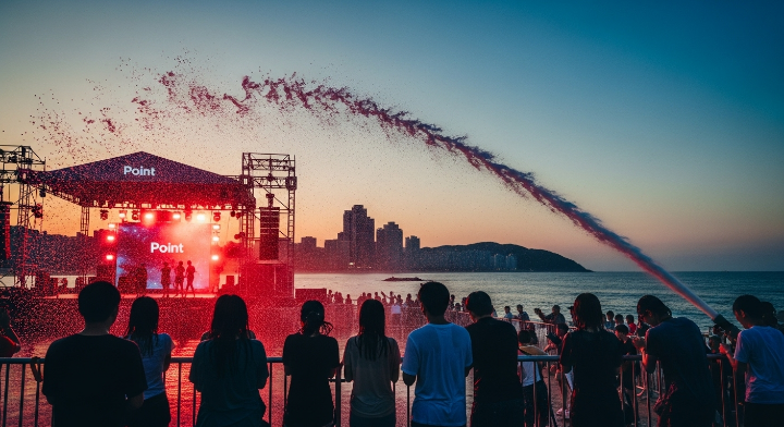 워터밤 행사는 매년 여름을 대표하는 대형 음악 페스티벌이라는 것을 강조하고 참여를 자극시킬 수 있도록 하기 위한 이미지로 무대를 향해 시원한 물대포를 쏘고있고 그 장명르 지켜 보고 있는 사람들이 환호하고 있는 모습의 이미지입니다.