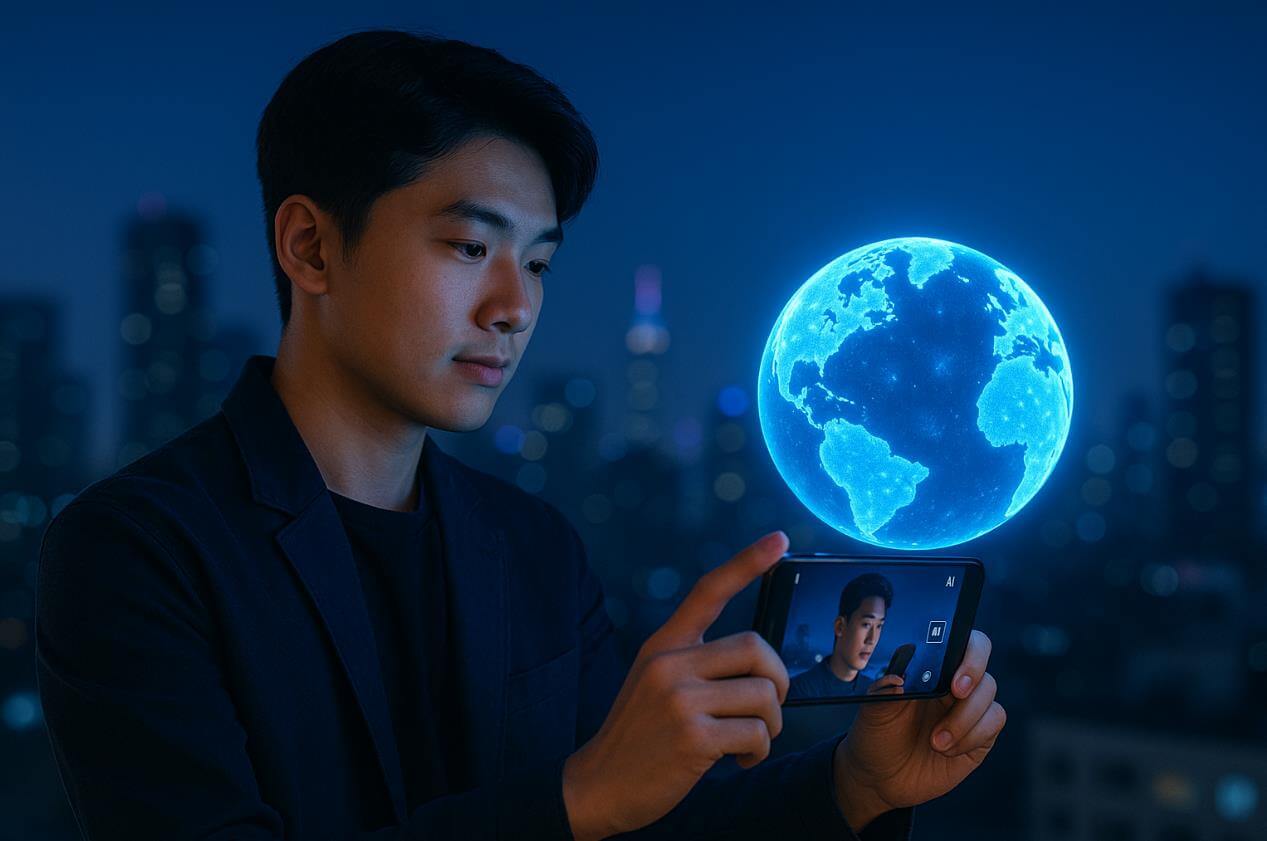 AI와 창의성을 상징하는 스마트폰 촬영 장면