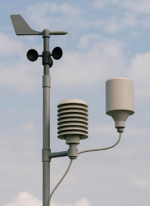 야외에 설치된 기상센서 장치로 풍향계, 풍속계, 온도·습도 센서, 강우량 측정기가 함께 보이는 모습