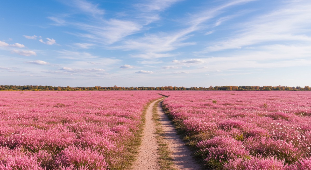 가을 햇살 아래 분홍빛으로 물든 핑크뮬리 군락지 전경
