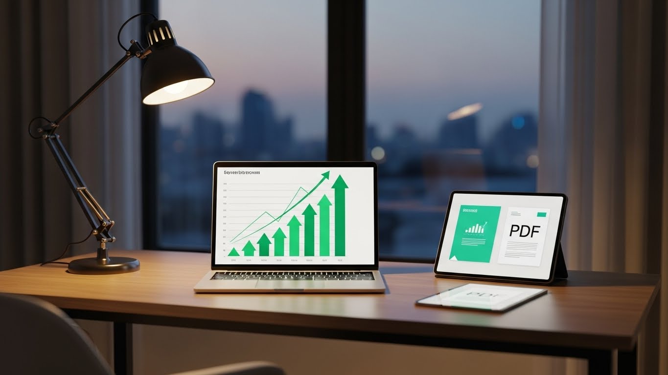 성장하는 수익 그래프와 전자책 결과물을 띄워놓은 한국인 지식 창업가의 깔끔한 작업 공간