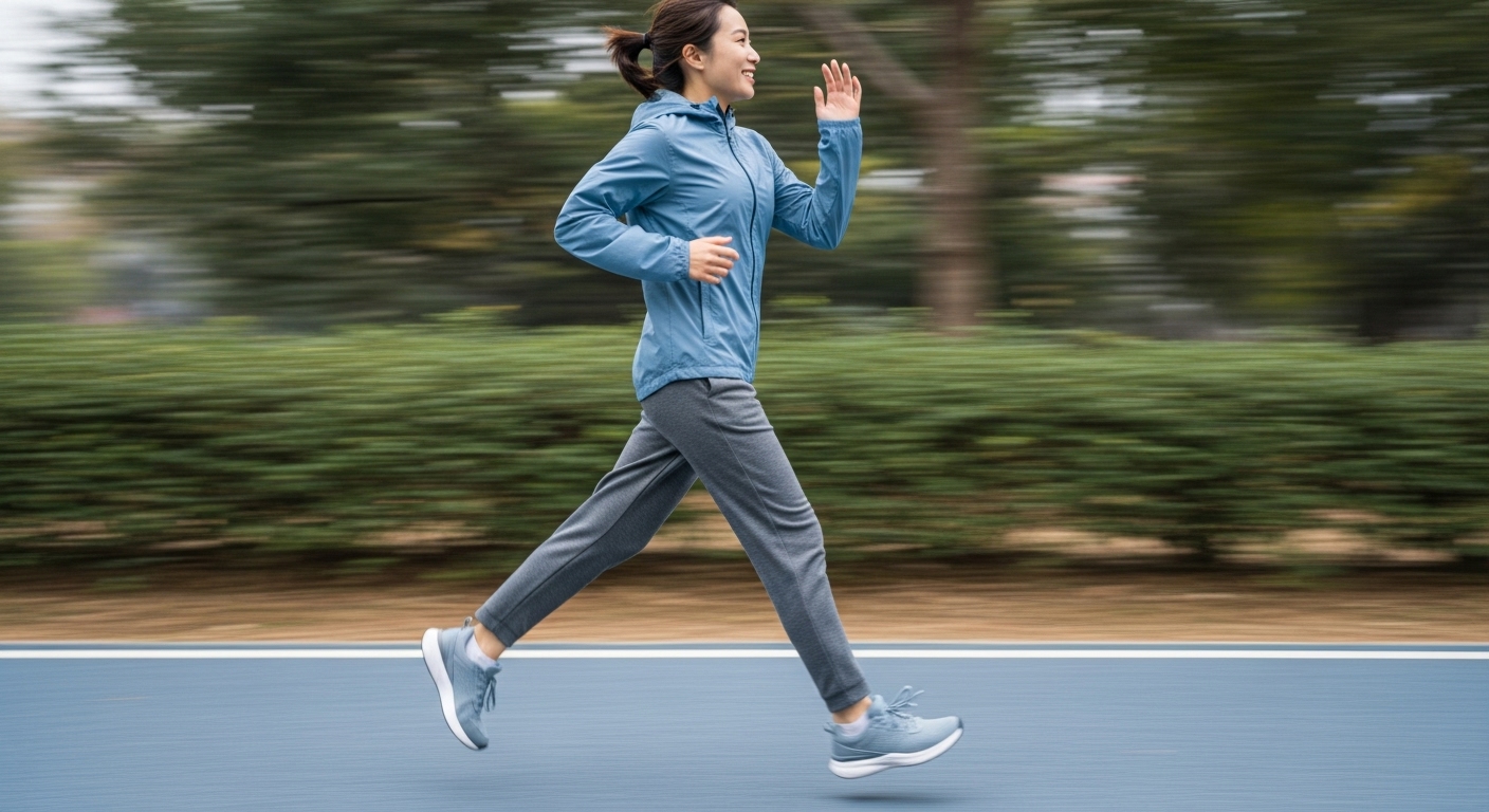 공원에서 활기차게 조깅하거나 걷고 있는 사람의 모습. 콜레스테롤 관리를 위한 꾸준한 유산소 운동의 중요성을 상징합니다.