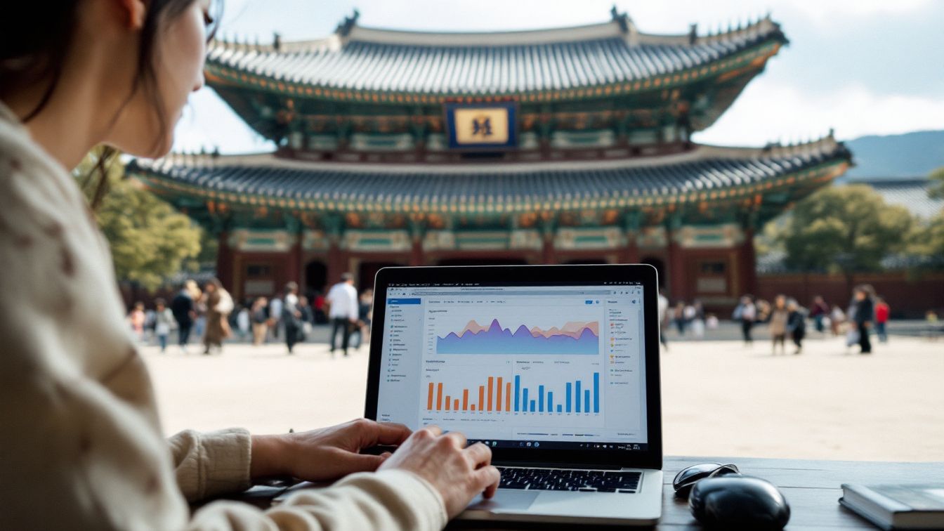 경복궁 교태전과 노트북을 사용하는 여자