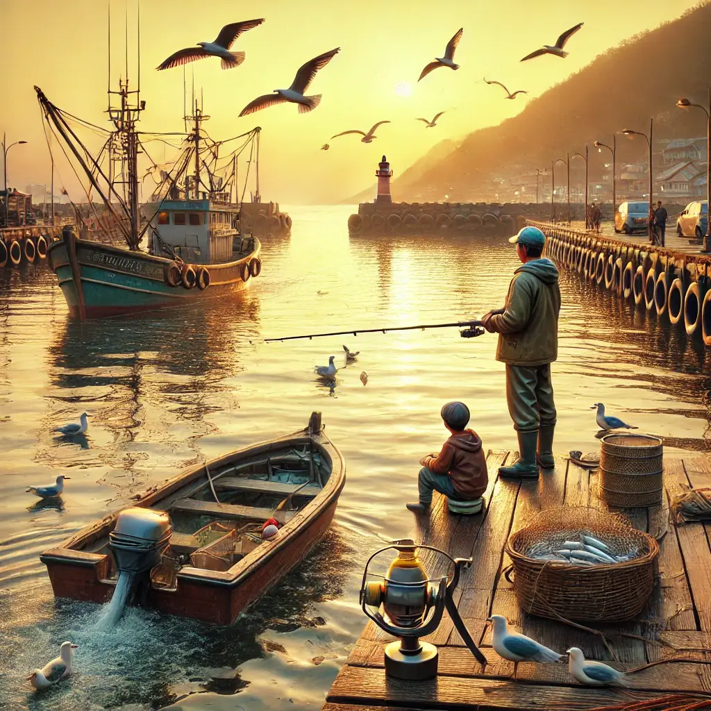 강화도 외포리 선착장에서 낚시하는 모습과 석양