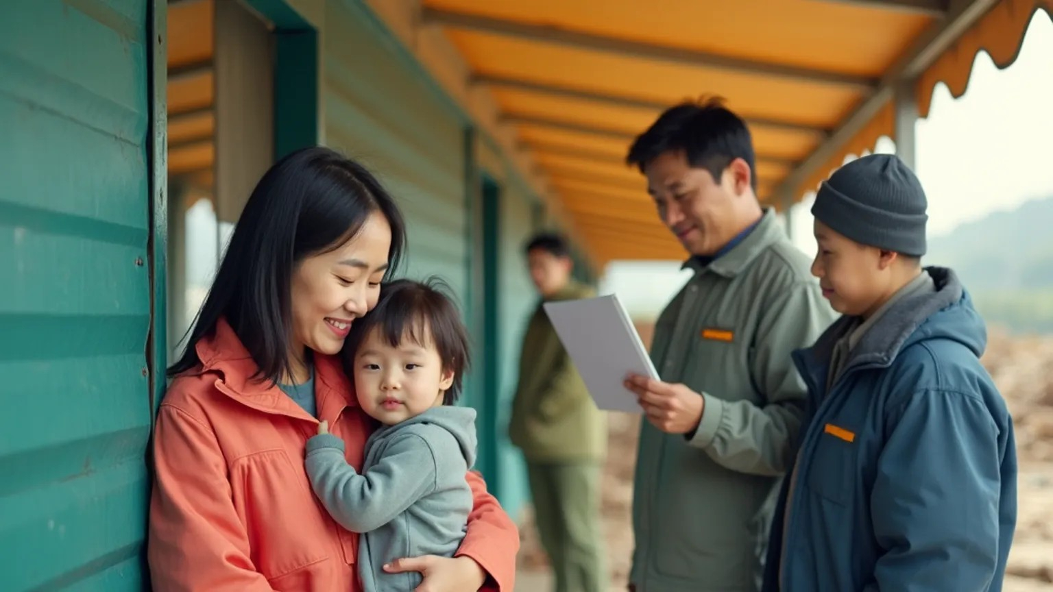 재난 후 임시 거주시설에서 정부와 자원봉사자의 도움을 받는 한국 가족