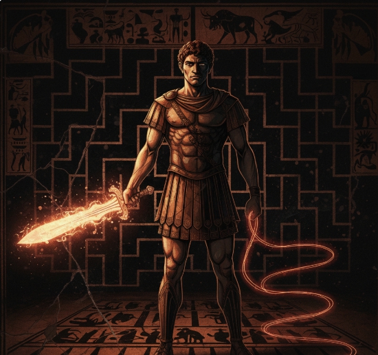 미궁 속에서 불타는 검을 들고 있는 영웅 테세우스 일러스트