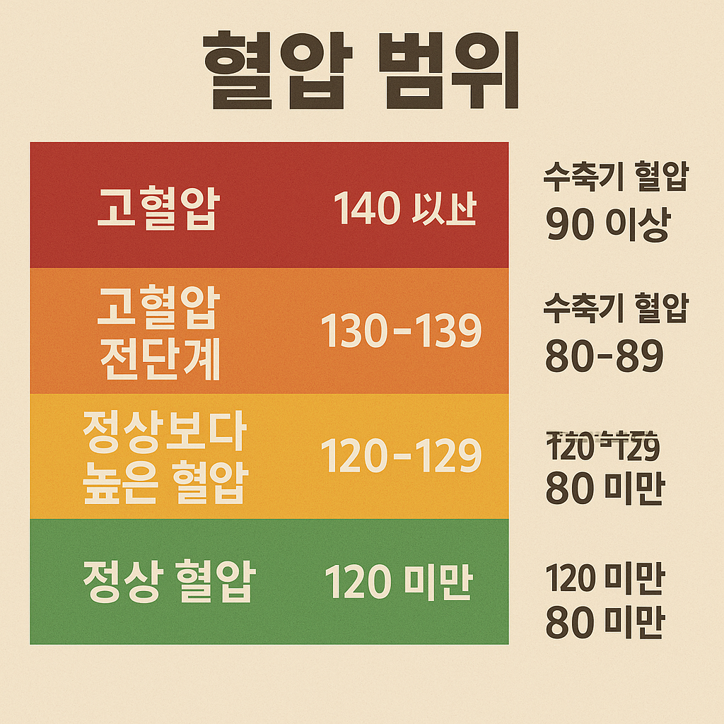 혈압 정상수치와 단계별 고혈압 범위를 보여주는 의학 차트