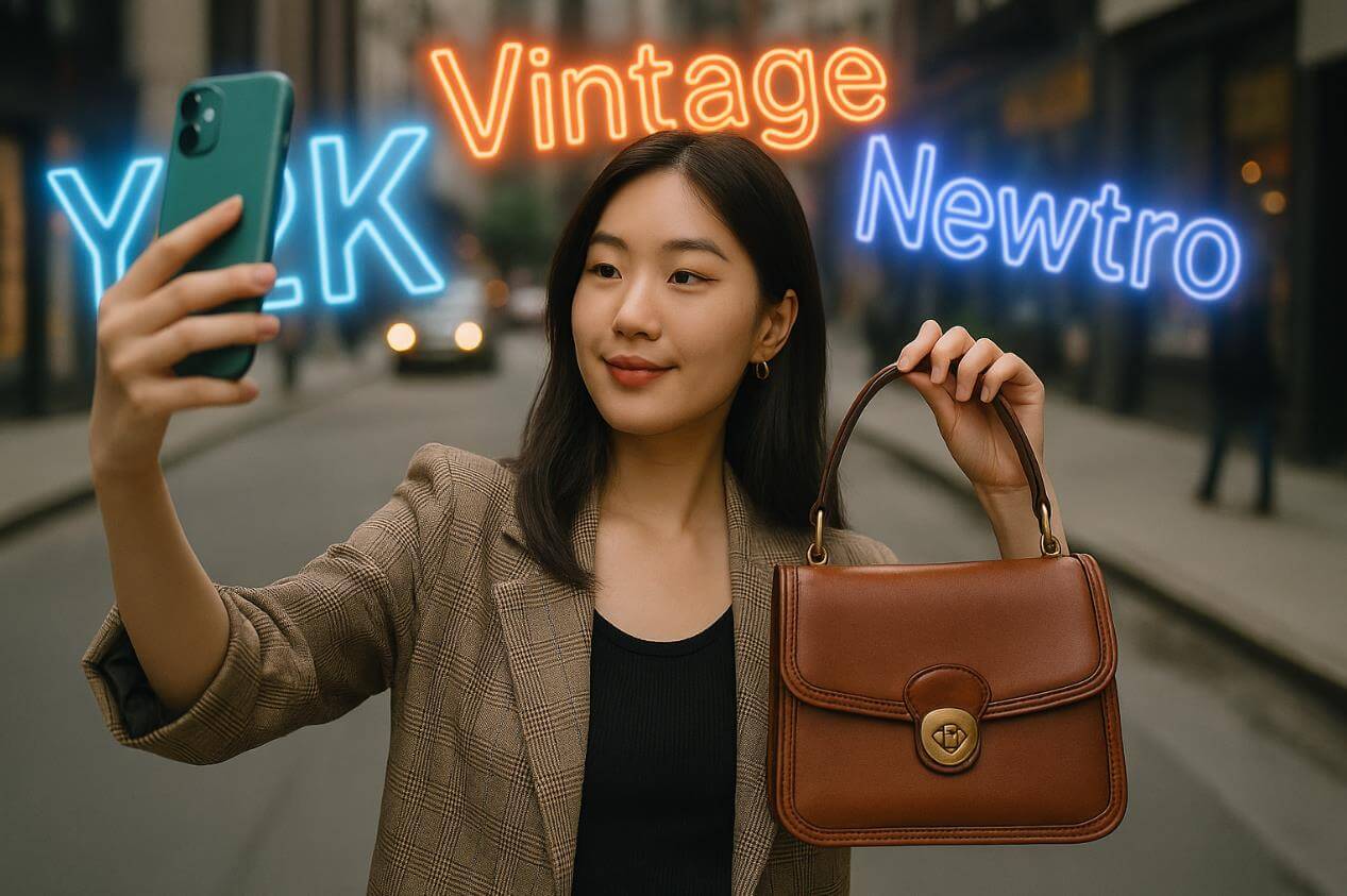 MZ세대가 코치 빈티지 백을 들고 거리에서 셀카를 찍는 장면