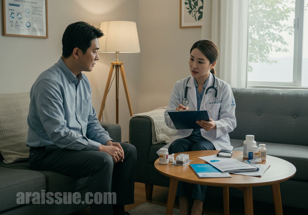 병원 상담실에서 약물과 심리상담을 포함한 치료계획을 설명받는 한국 성인의 모습