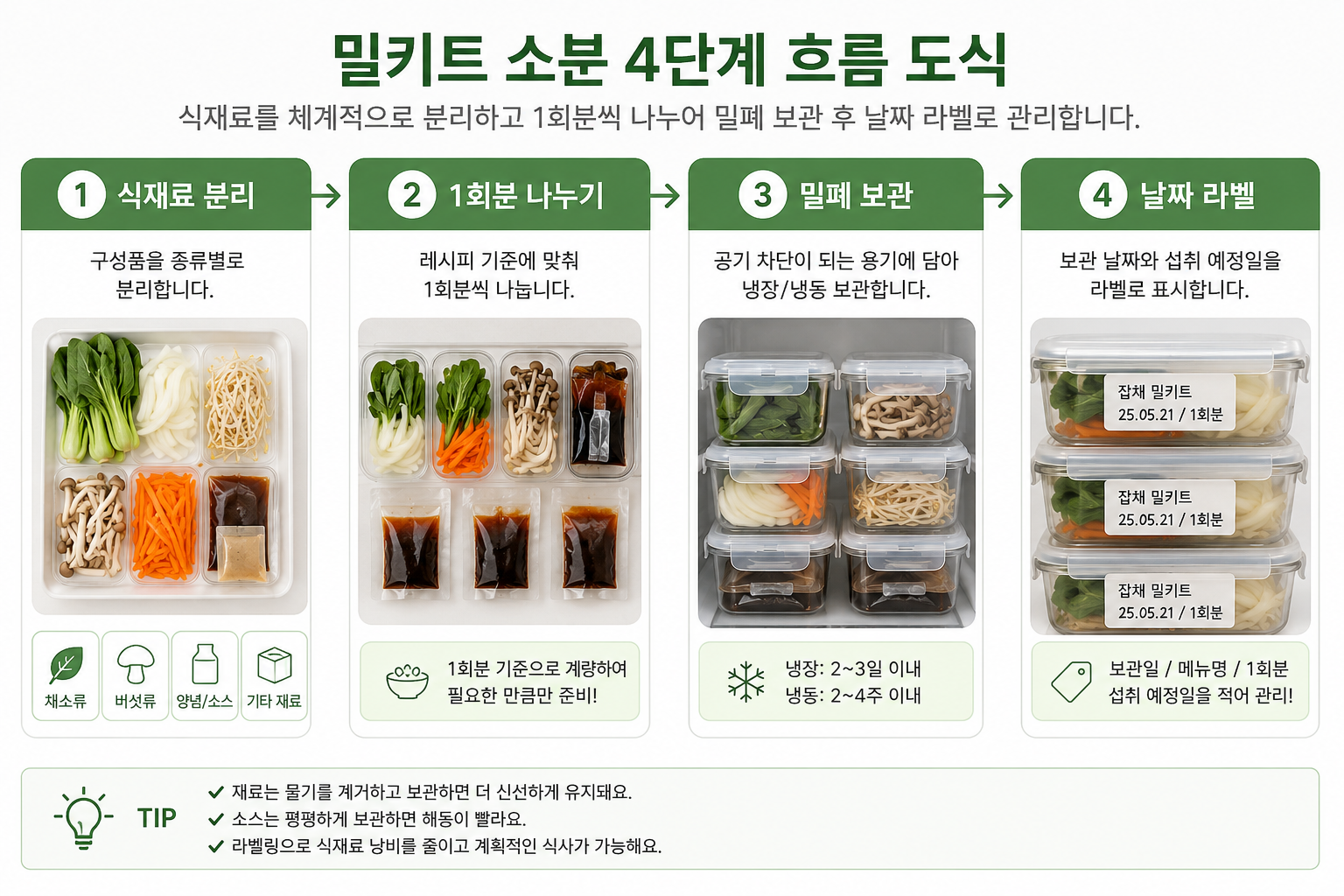 "밀키트 소분 4단계 식재료 분리 1회분 나누기 밀폐 보관 날짜 라벨 흐름 도식"